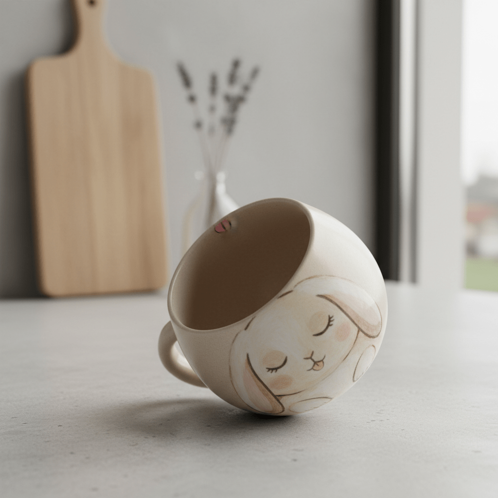 Whimsical ceramic mug with a sleepy bunny illustration and a hidden pink tongue detail.