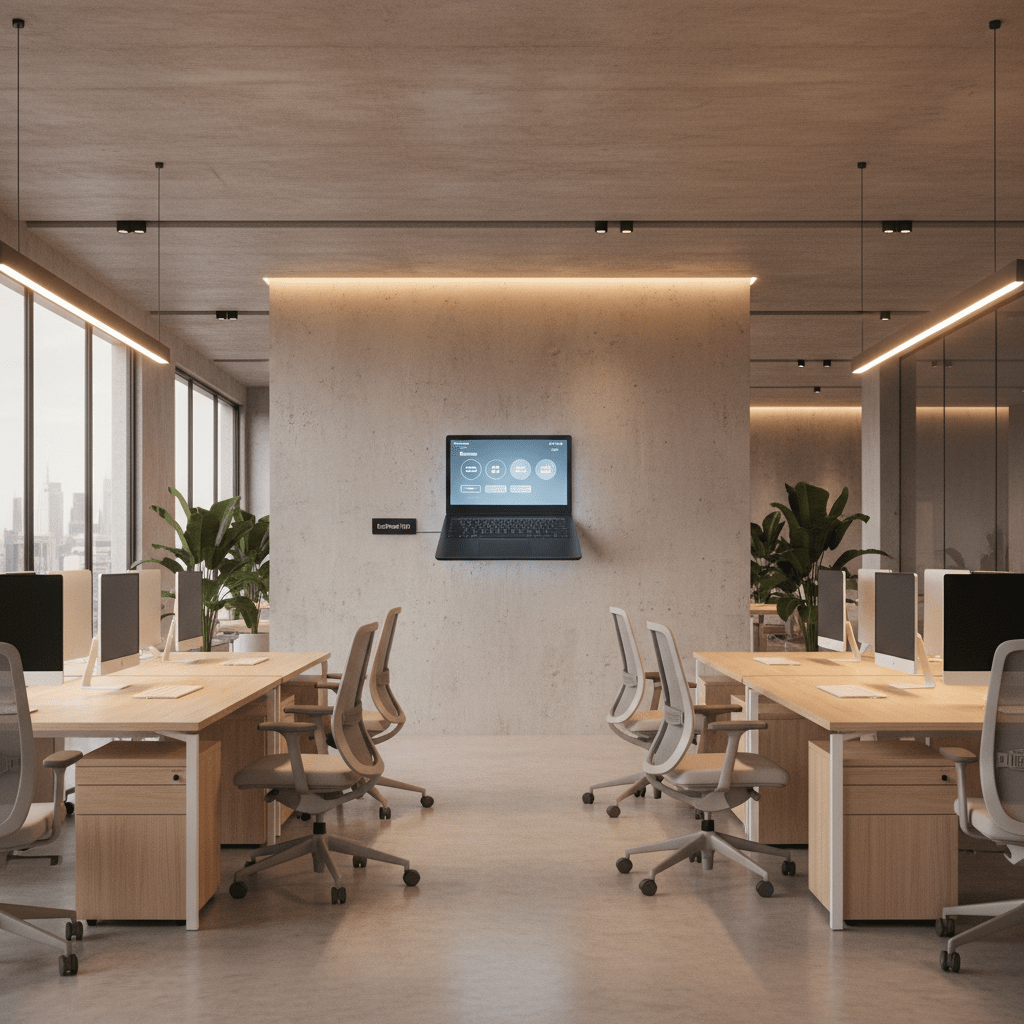 Smart office control panel with room booking and presentation system interfaces.