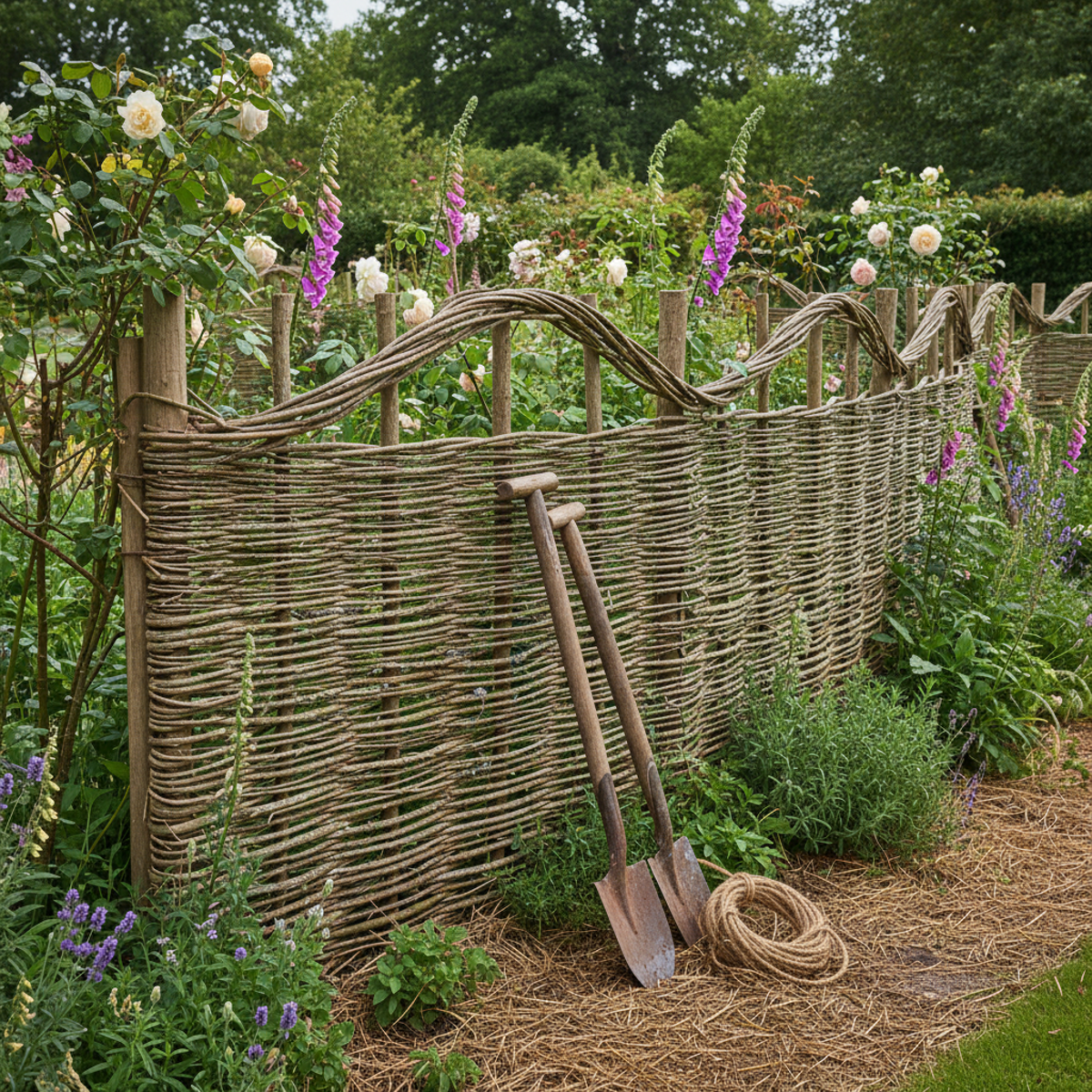 Rustic wattle fencing crafted from willow and hazel surrounds a lush cottage garden.