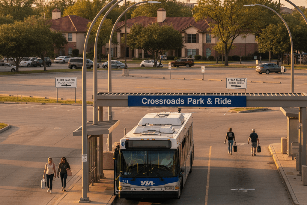 Wide-angle view of VIA Transit bus at Park & Ride station under natural light, highlighting seamless integration of event transportation systems