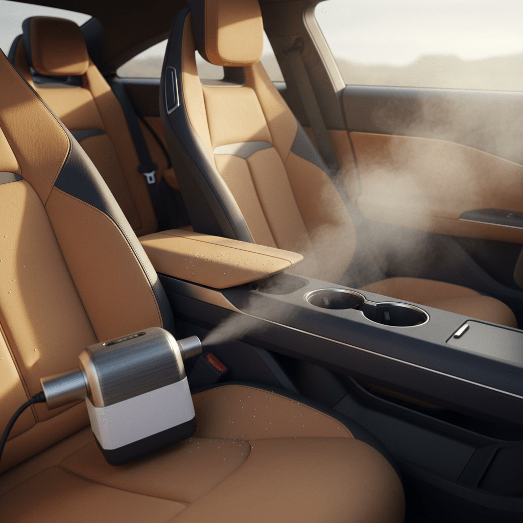 Bed bug steamer vaporizing crevices in a car's sleek interior, highlighting tight spaces.