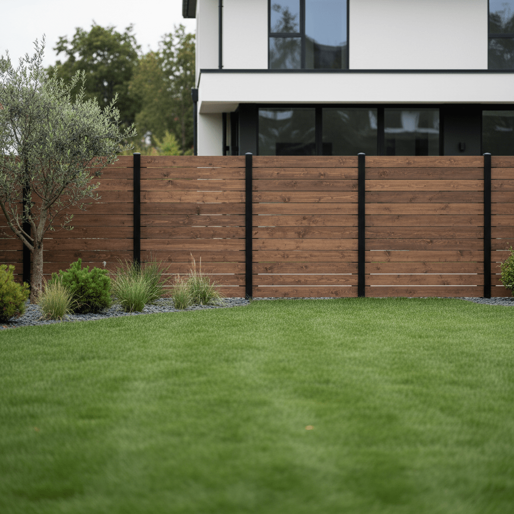 Modern backyard with horizontal slat fence, dark stain, and lush green lawn.