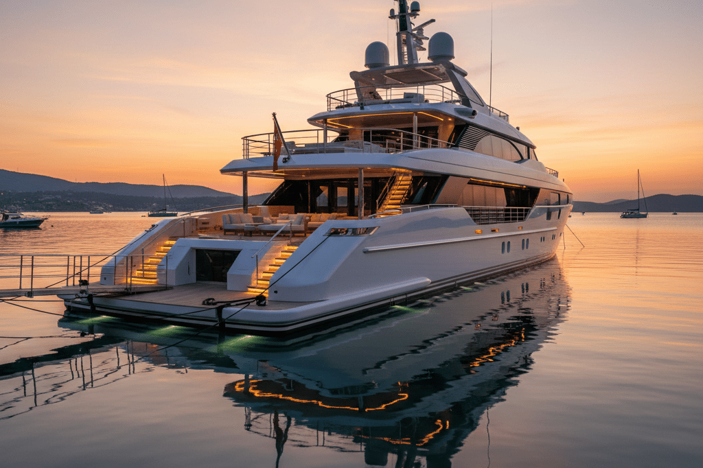 Luxurious yacht docked at sunset with warm ambient lighting reflecting off calm waters, evoking premium maritime experiences