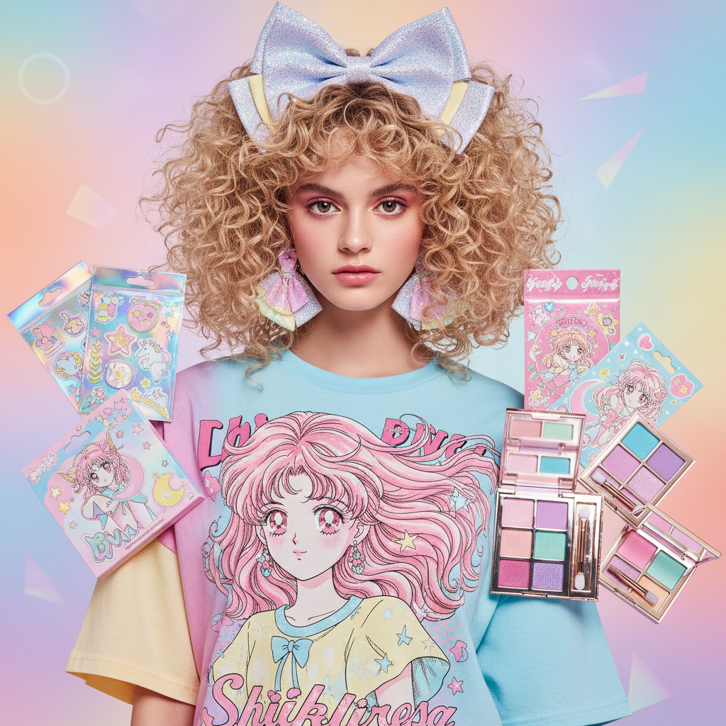 Model in 90s shoujo manga style wearing graphic tee with pastel makeup and bows.