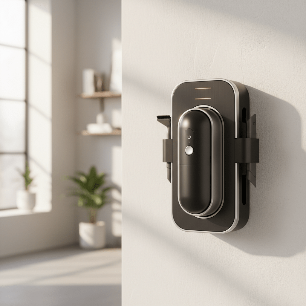 Sleek matte black vacuum cleaner wall mount with sculptural curves and brushed aluminum.