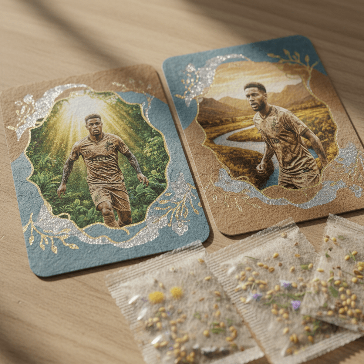 Close-up of textured recycled football cards with metallic foil and player portrait.