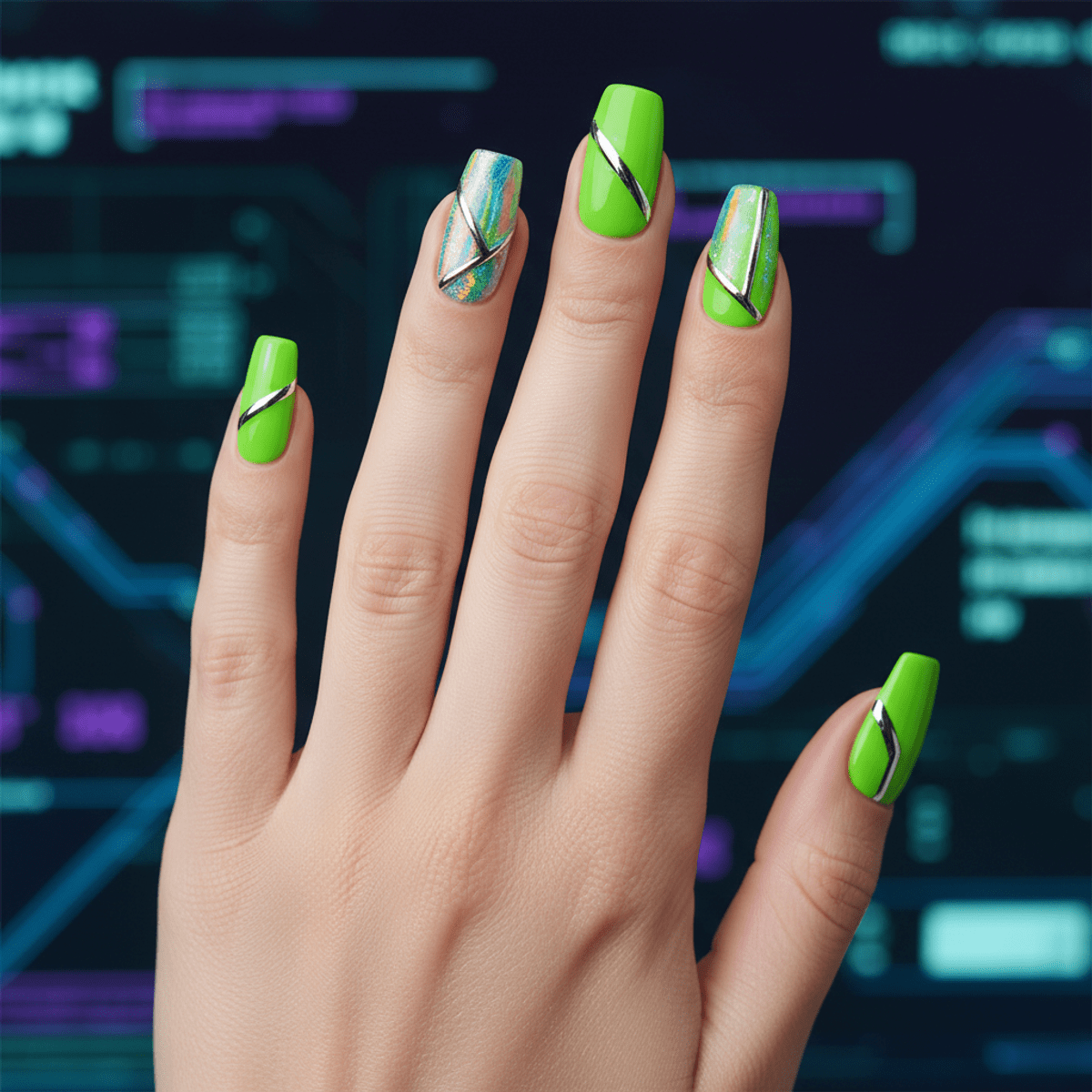 Bold cyber lime neon green nails with chrome and holographic art.