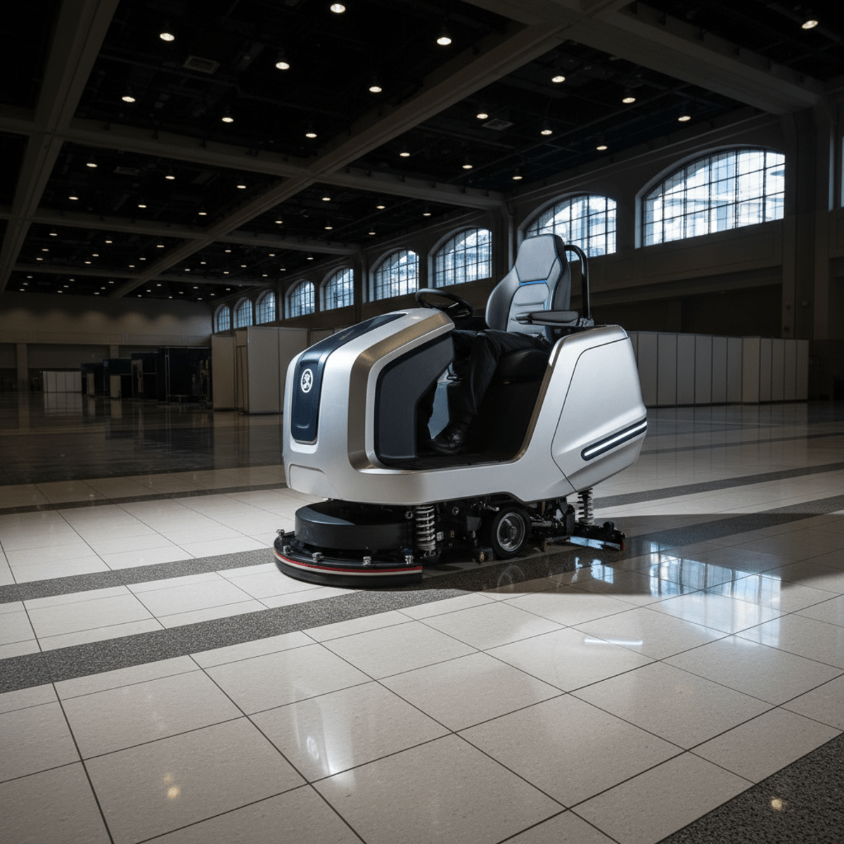 Futuristic ride-on tile floor scrubber cleans convention center aisles.