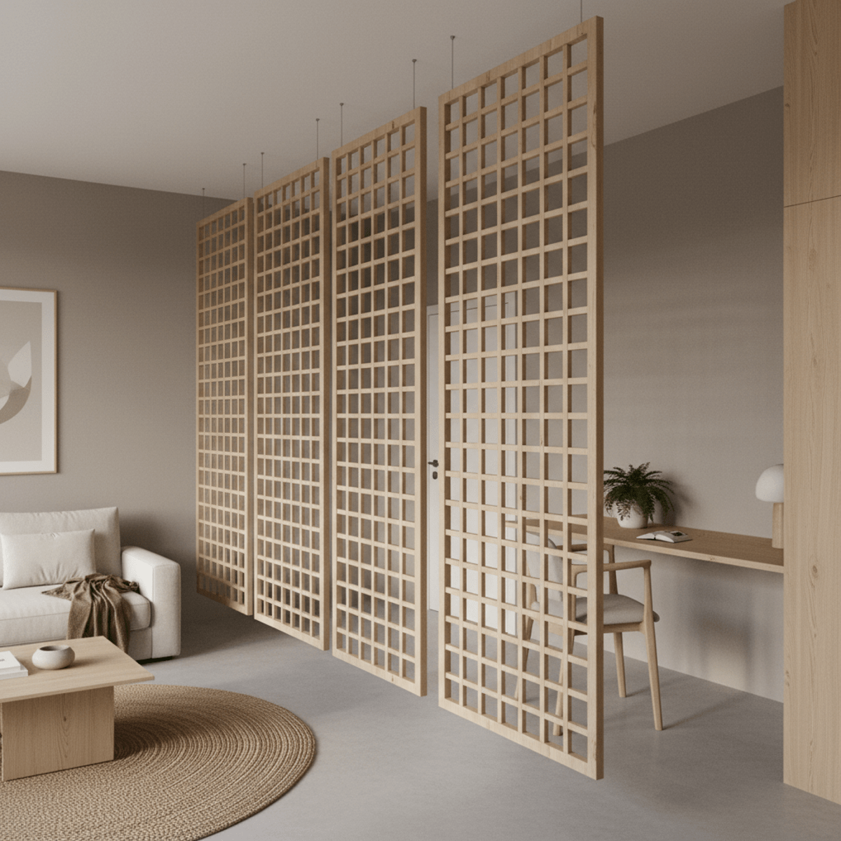 Modern apartment room divider made of lattice panels with natural wood texture.