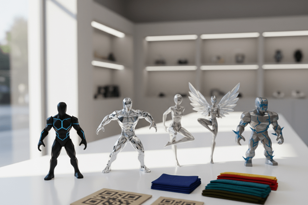 Medium shot of abstract collectible figurines and fabric swatches on a retail display table under natural and soft artificial light