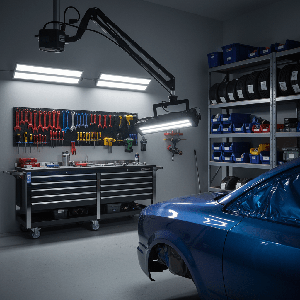 Professional garage with task light illuminating automotive paint project, showcasing metallic gloss.