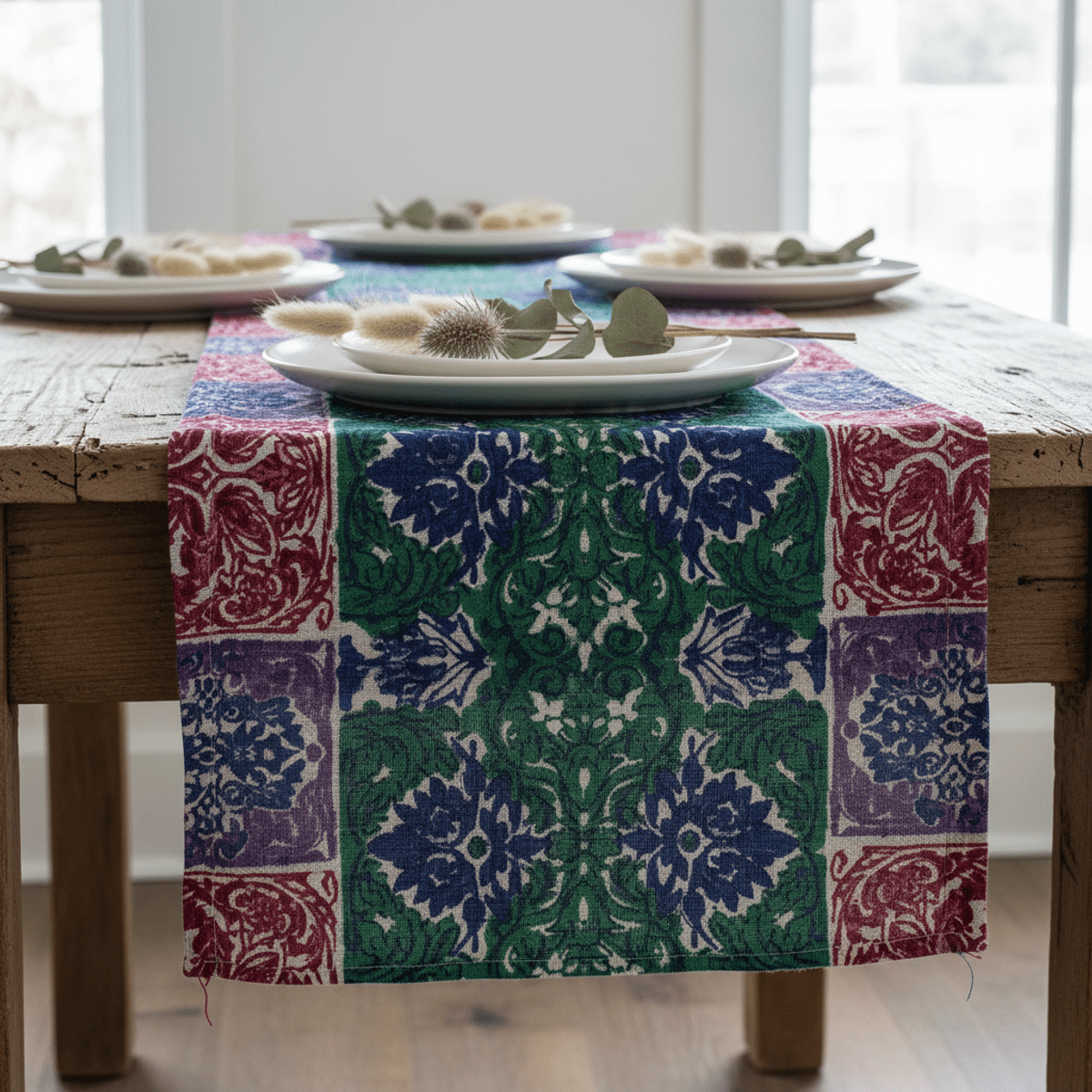 Artisanal table runner with jewel tones on a rustic wooden dining table.