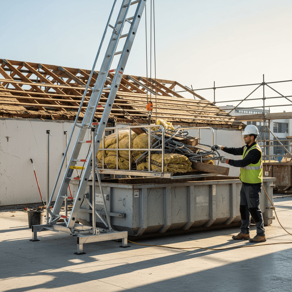 Ladder hoist lowers construction waste at a demolition site in bright sunlight.