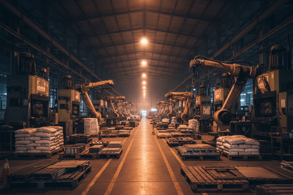 Wide view of inactive manufacturing plant with machinery and supplies under ambient light symbolizing operational disruption