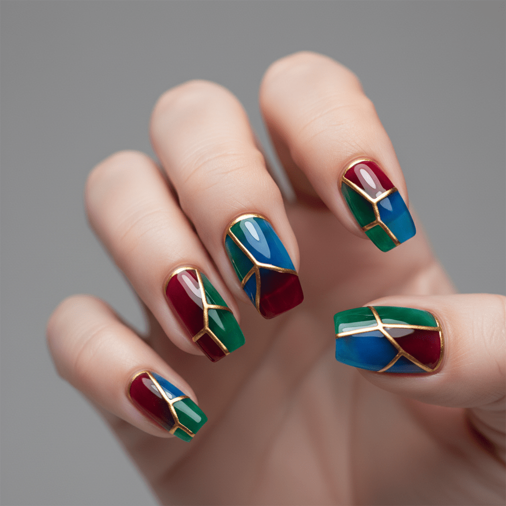 Close-up of acrylic nails with jewel-toned stained-glass jelly layers and metallic gold lines.