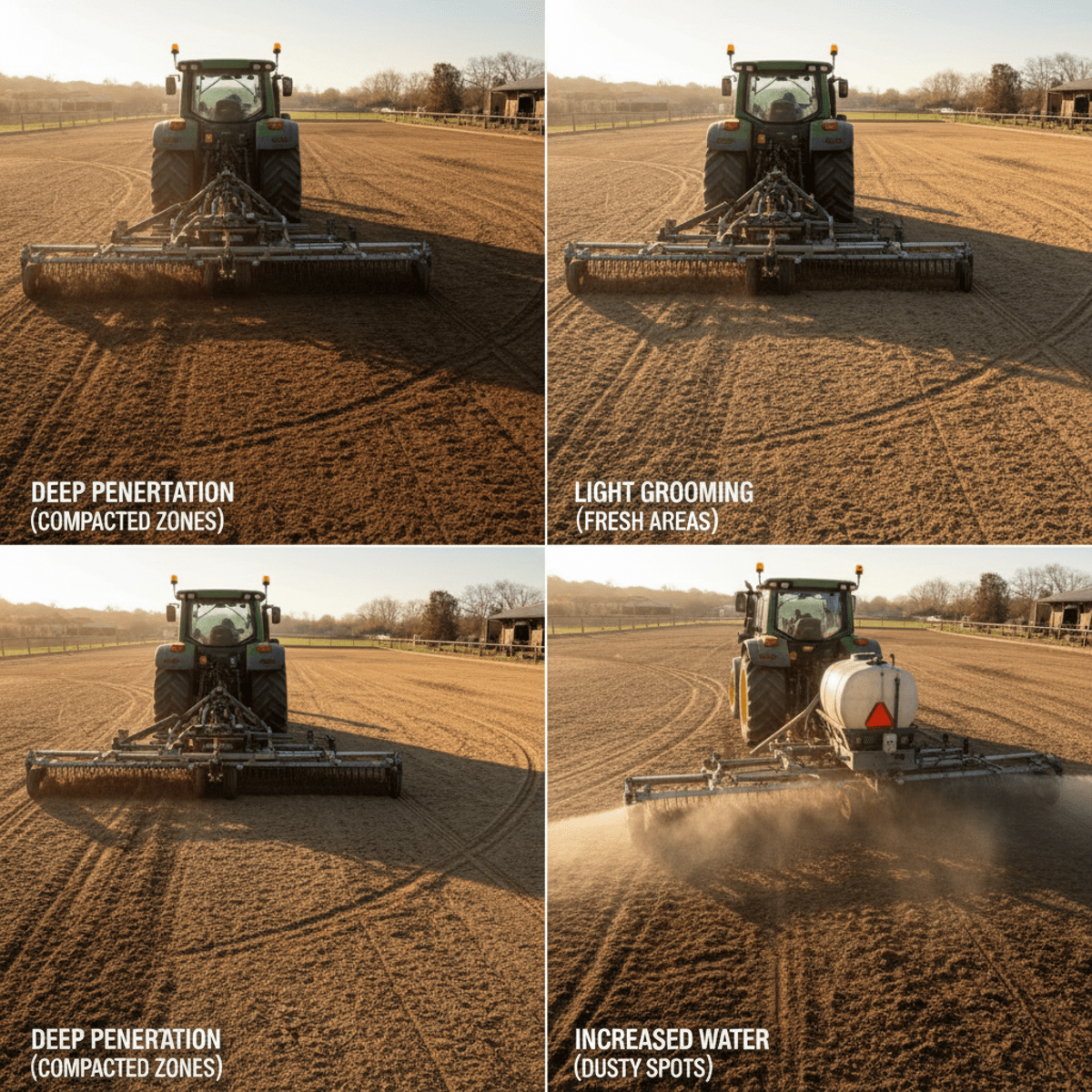 Tractor with arena drag actively maintaining equestrian arena during golden hour.