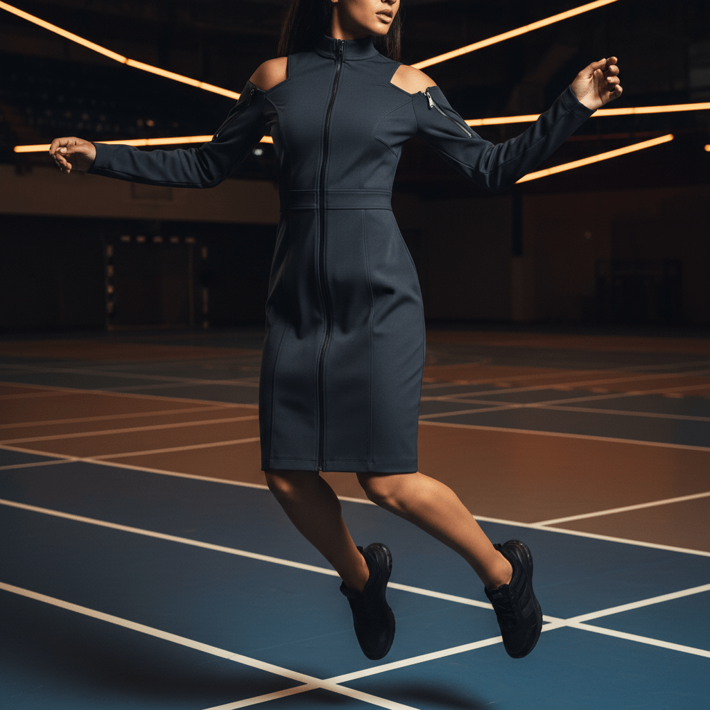 Charcoal cold shoulder dress with functional zippers, showcasing sleek utilitarian lines and smooth textures.