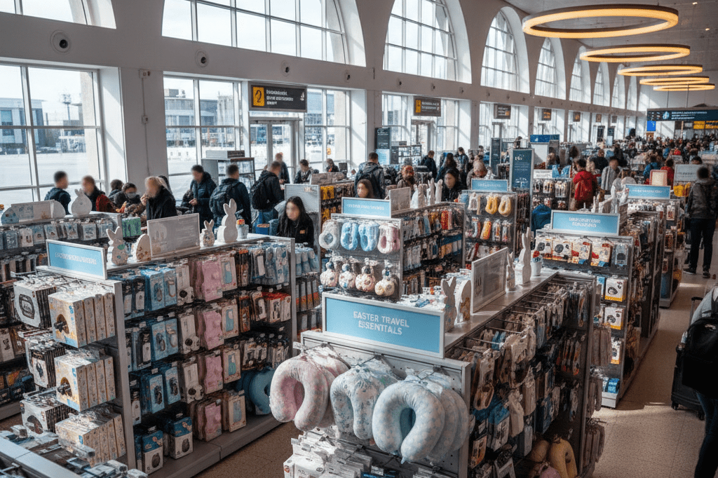 Shelves filled with popular travel accessories in a busy airport retail space under natural light, showcasing seasonal shopping trends