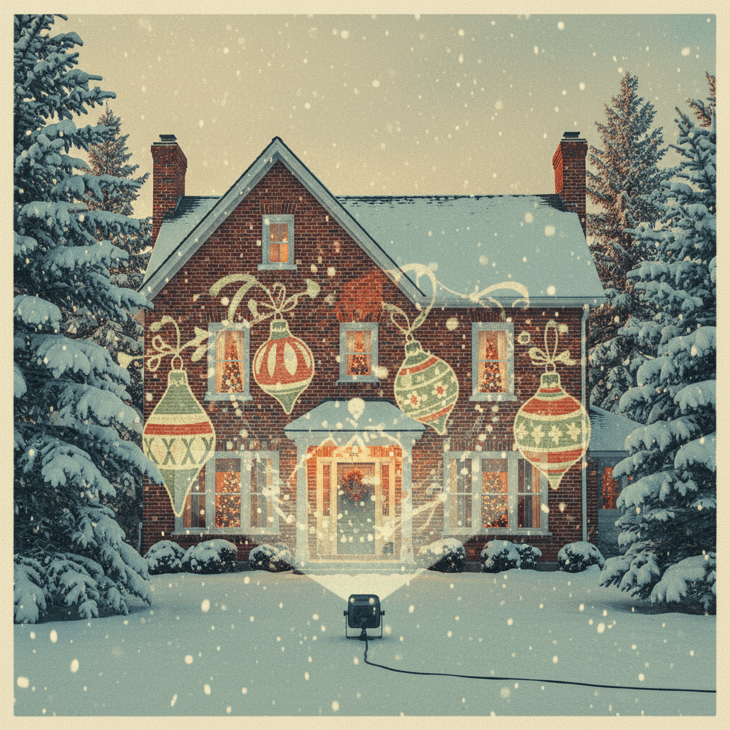 Snowy garden illuminated by Christmas lights projecting vintage imagery onto a brick house.