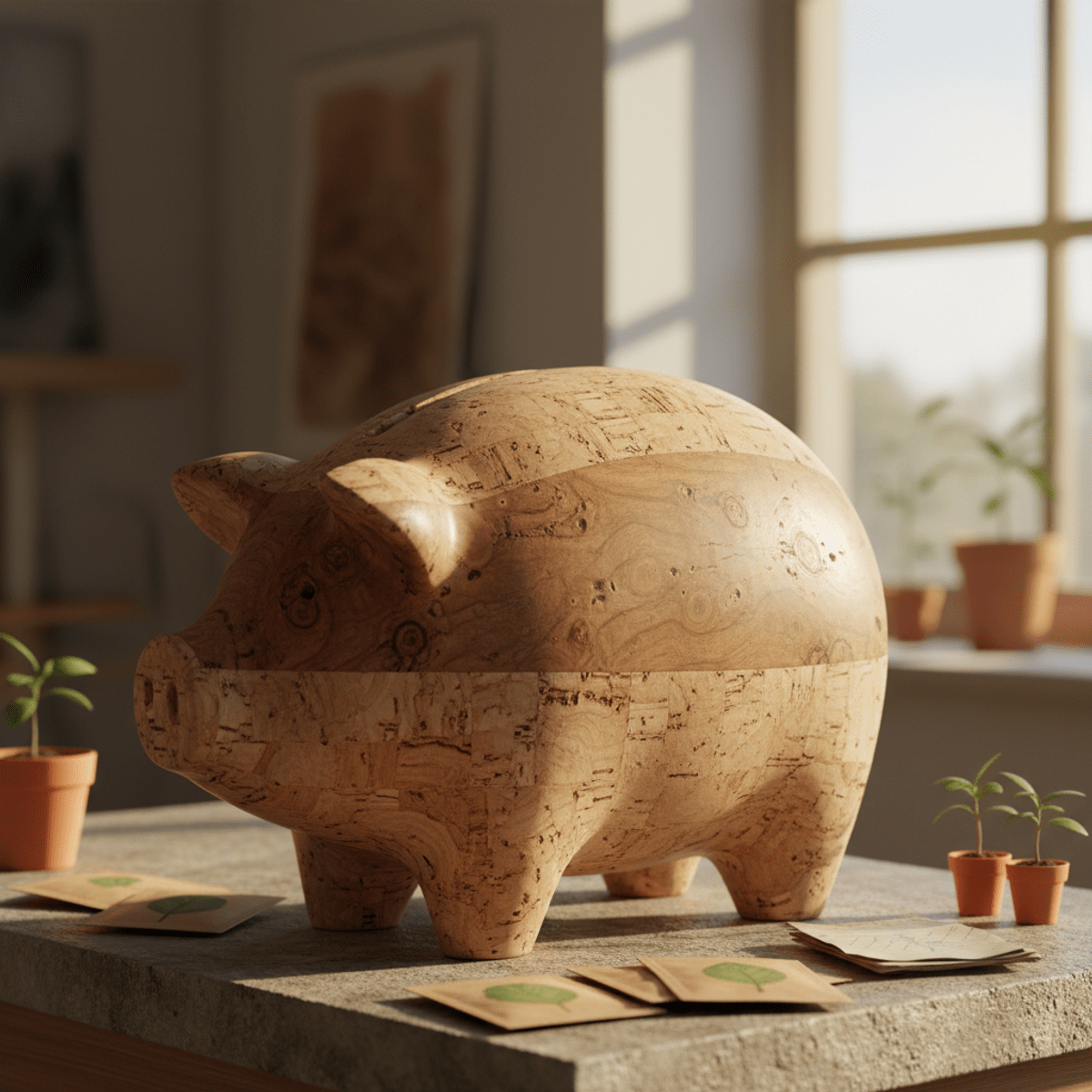Hand-carved reclaimed wood piggy bank with natural textures. Rustic reclaimed wood piggy bank with visible agricultural waste patterns.