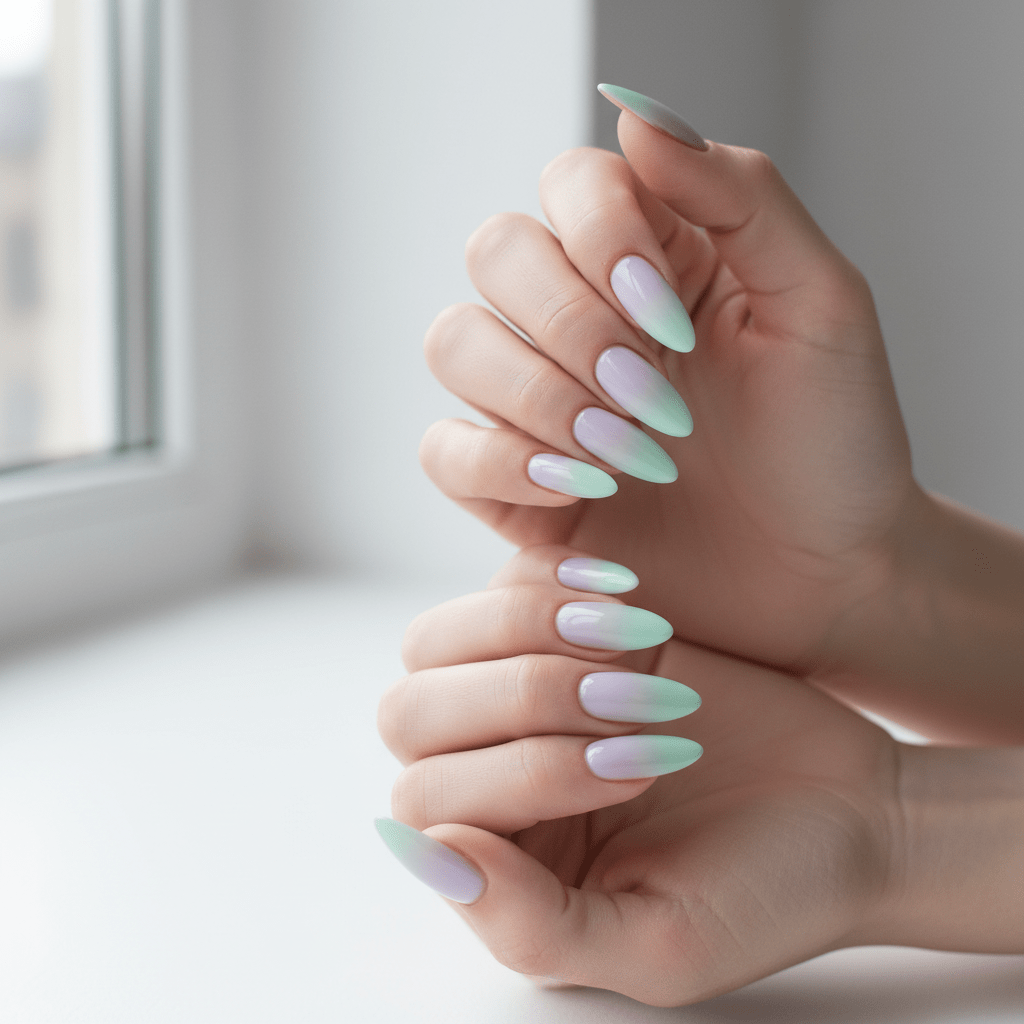 Elegant hands with full-hand aura mapped acrylic nails and ethereal lavender-mint gradients.