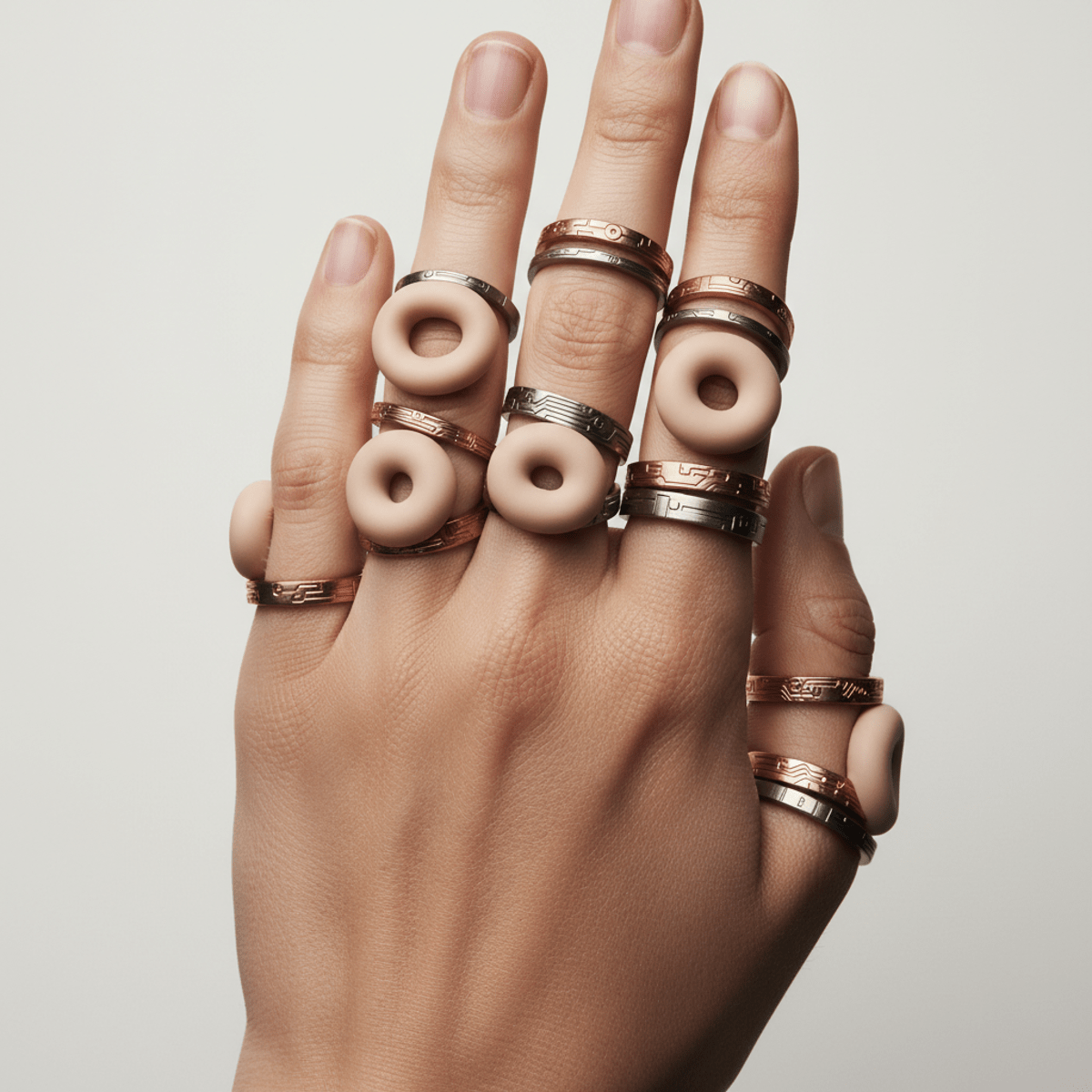 Hand adorned with subcutaneous bagel head inspired ring designs made of medical-grade silicone.