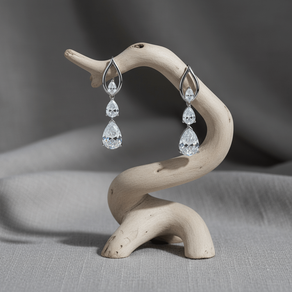 Elegant lab-created diamond drop earrings on a sculptural driftwood stand.
