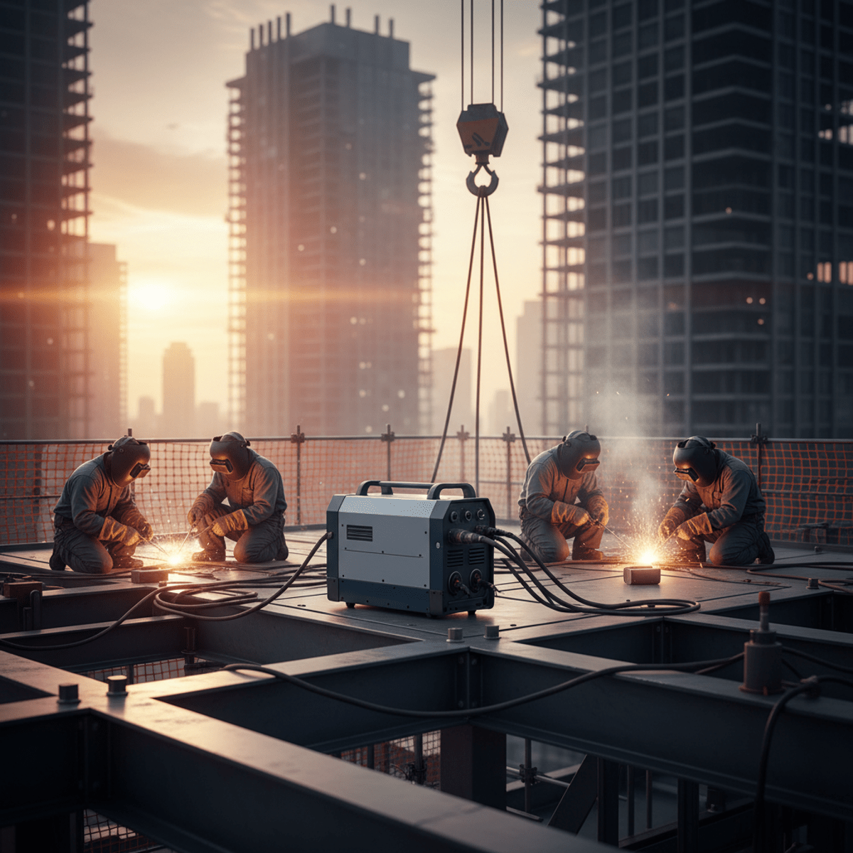 Welding plant on skyscraper construction site with glowing arc lights and smoke.
