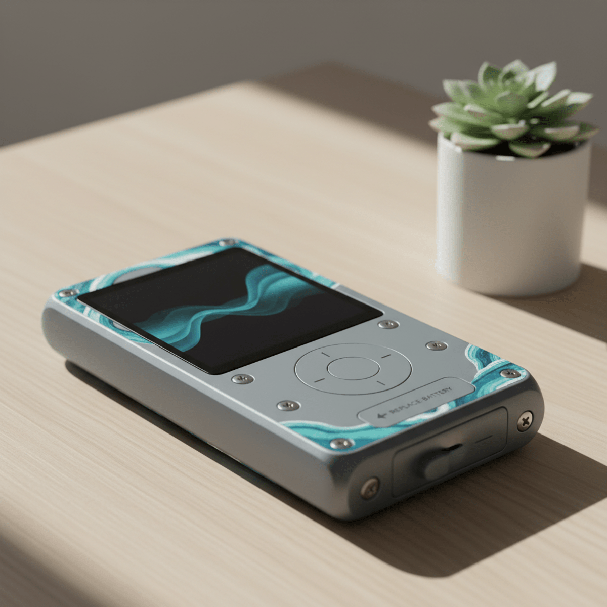 Futuristic mp3 player showcasing sustainable materials and modular, repair-friendly design.