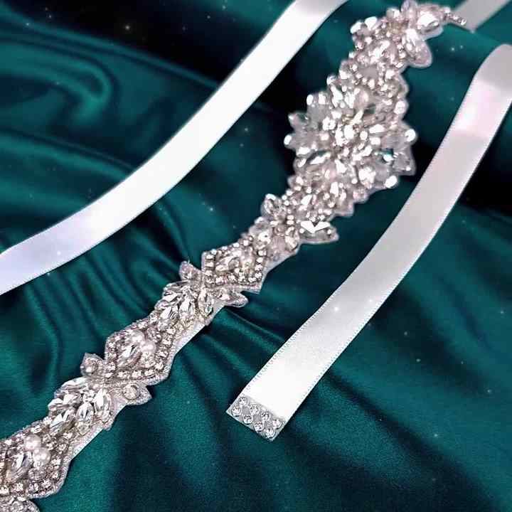 Long Ribbon Belt Silver Rhinestone Crystal Sewable Applique Wedding Dress  Bridal Decoration Waist Belt