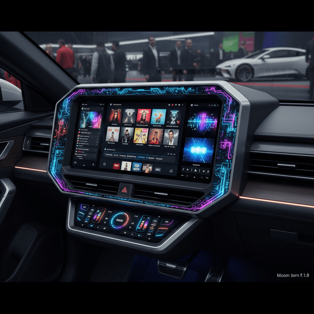 Interactive multimedia screens in a futuristic car interior showcasing album art and animated graphics.