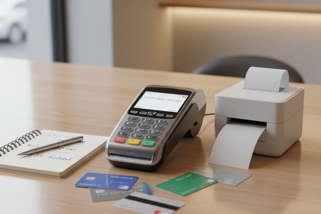 Close-up of a credit card terminal with receipts and notes under natural light, representing balance management and transaction clarity