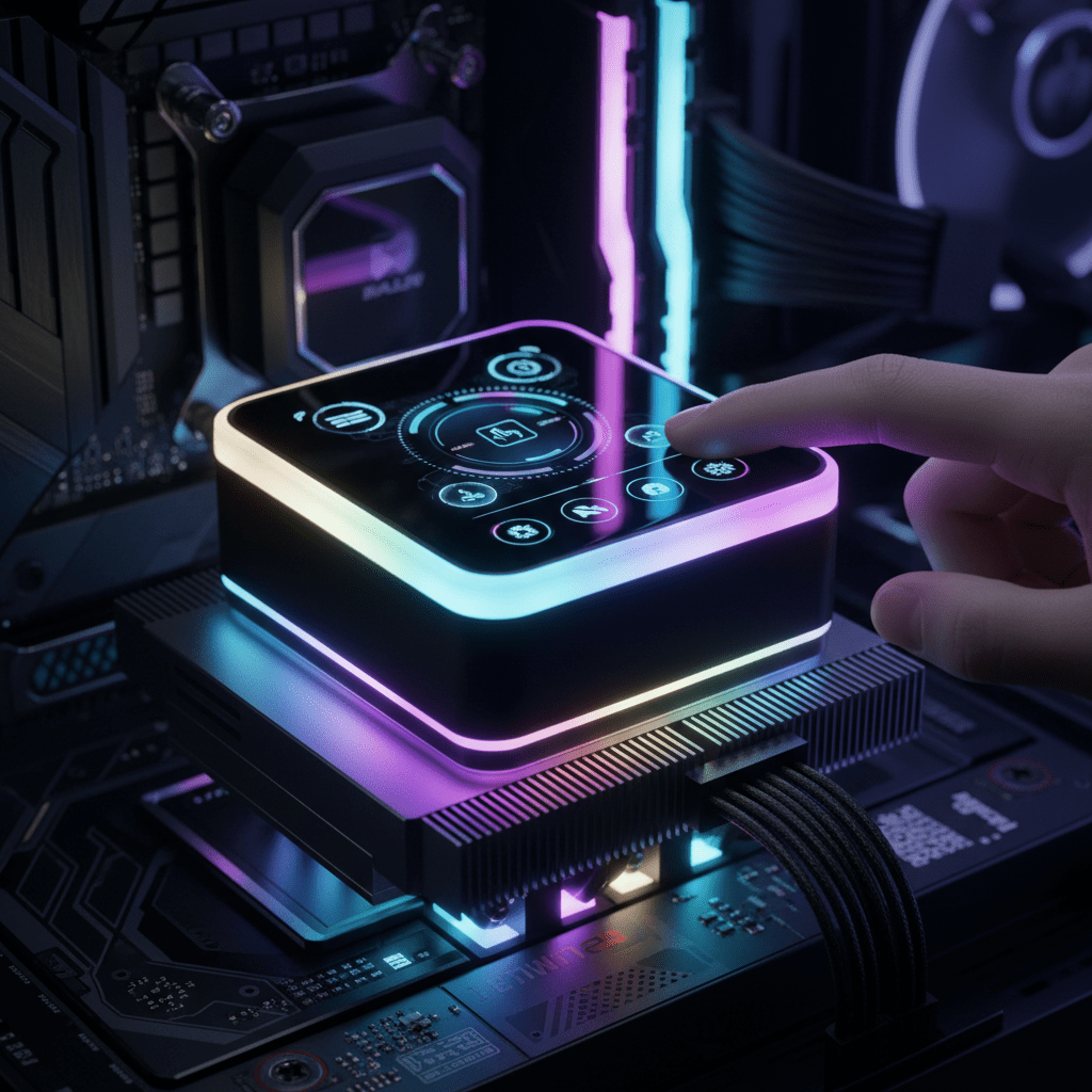 Futuristic CPU cooler with touch display and RGB lighting in a PC interior.
