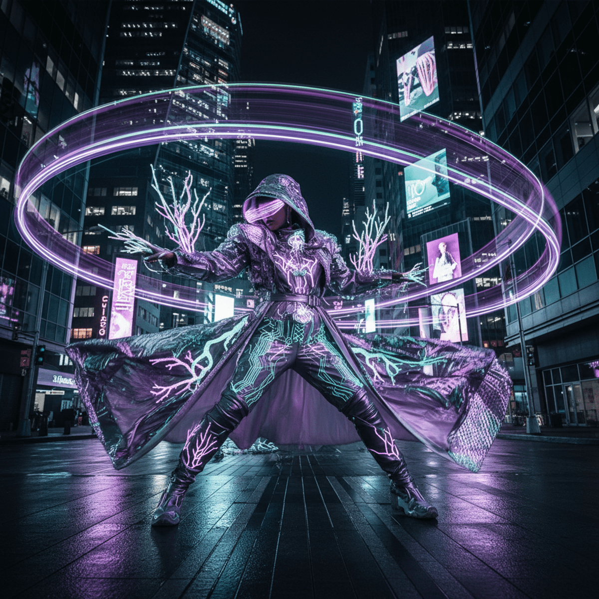 Avant-garde y3k fashion with programmable LED displays in flowing garments.