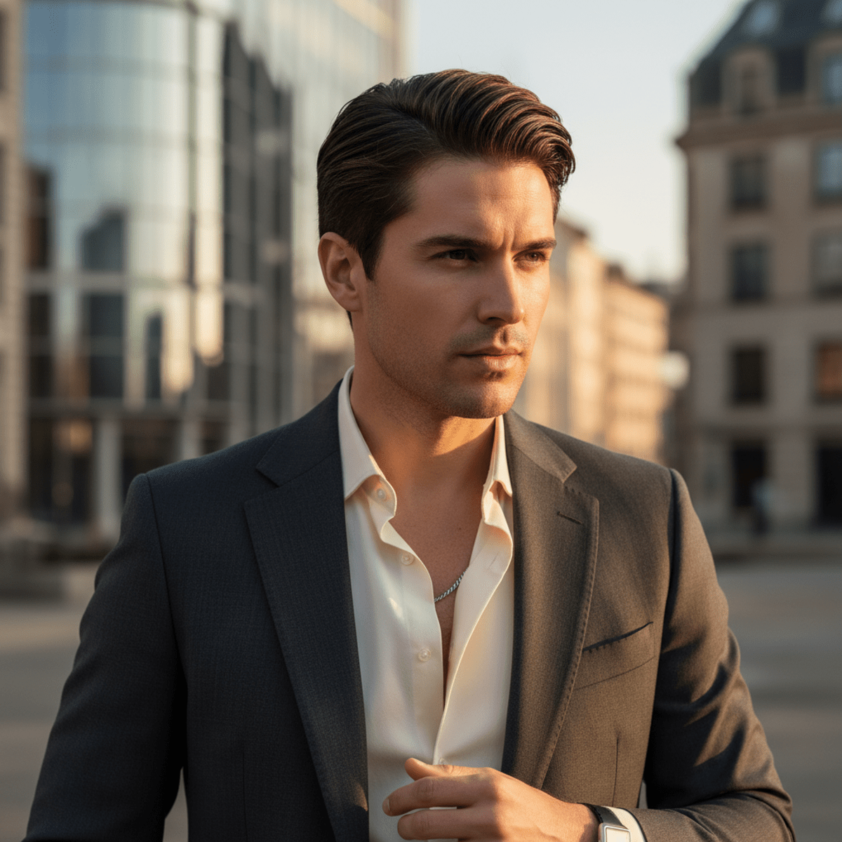 Stylish man with structured flexible hair in golden hour light.