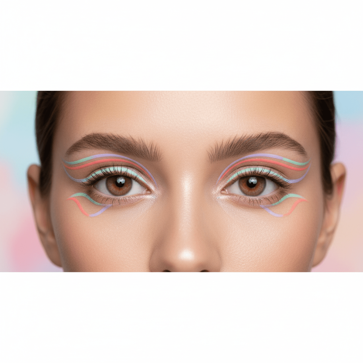 Doe eye makeup with pastel liquid liners in floating geometric shapes above the crease.