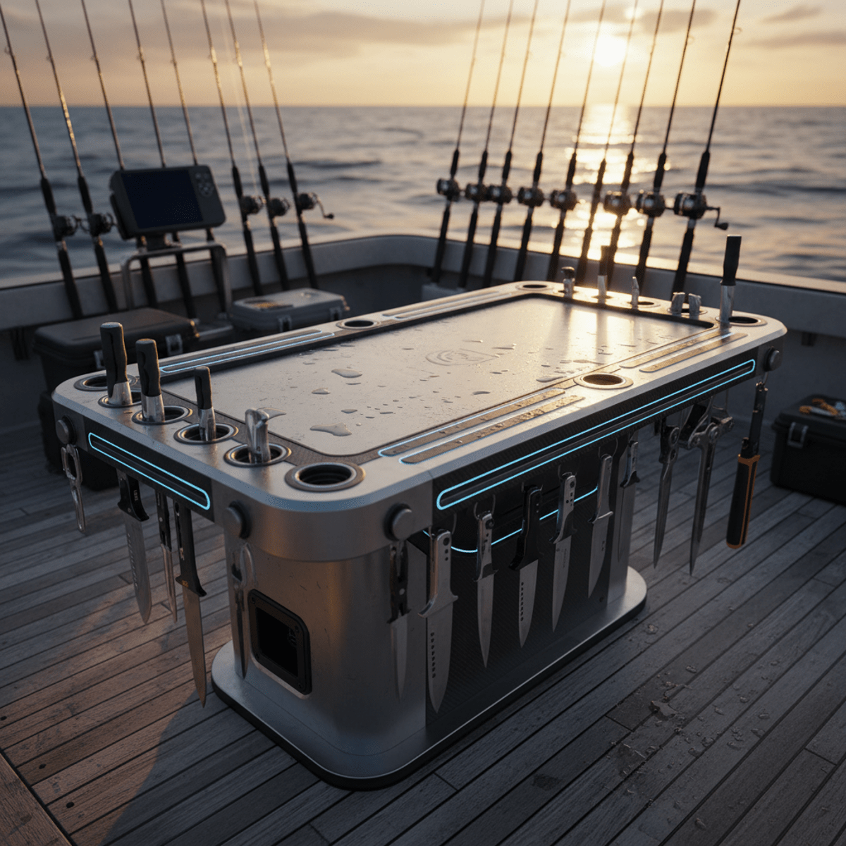 Futuristic fishing table on a tournament deck with magnetic tool holders and organized tools.