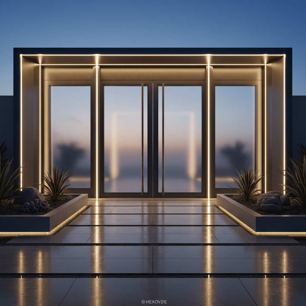 Sleek metallic futuristic gate with LED strips and frosted glass glows at twilight.