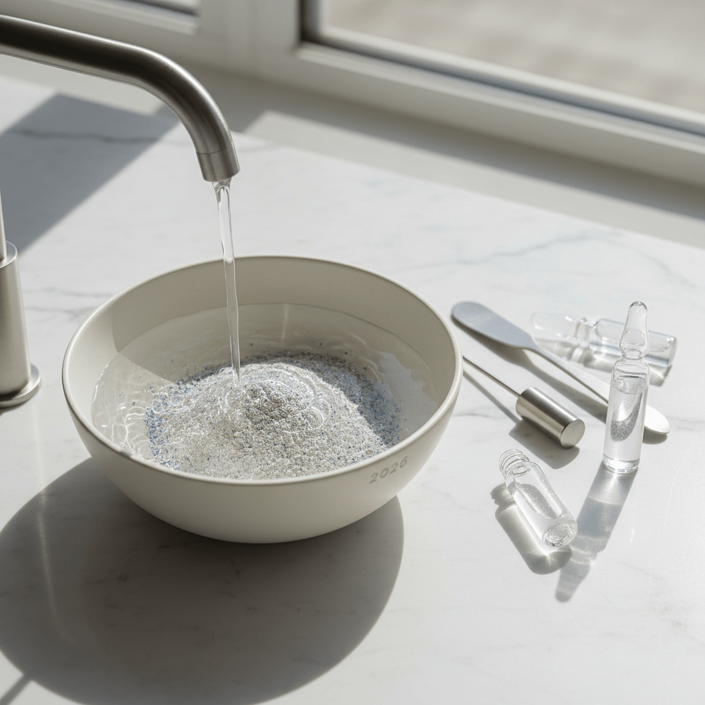 Elegant ceramic dish blends shimmering powder with water into a clear viscous serum.