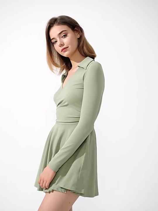New Designer Winter V Neck Long Sleeve Tennis Golf Dress With Shorts  Exercise Sports Workout Skorts Yoga Athletic Tennis Dress