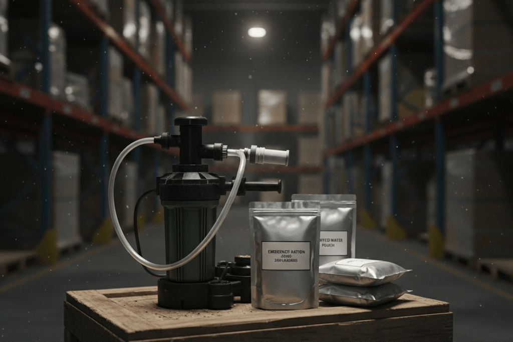 Portable water filter and food packs on crate under warm warehouse lights symbolizing flood preparedness