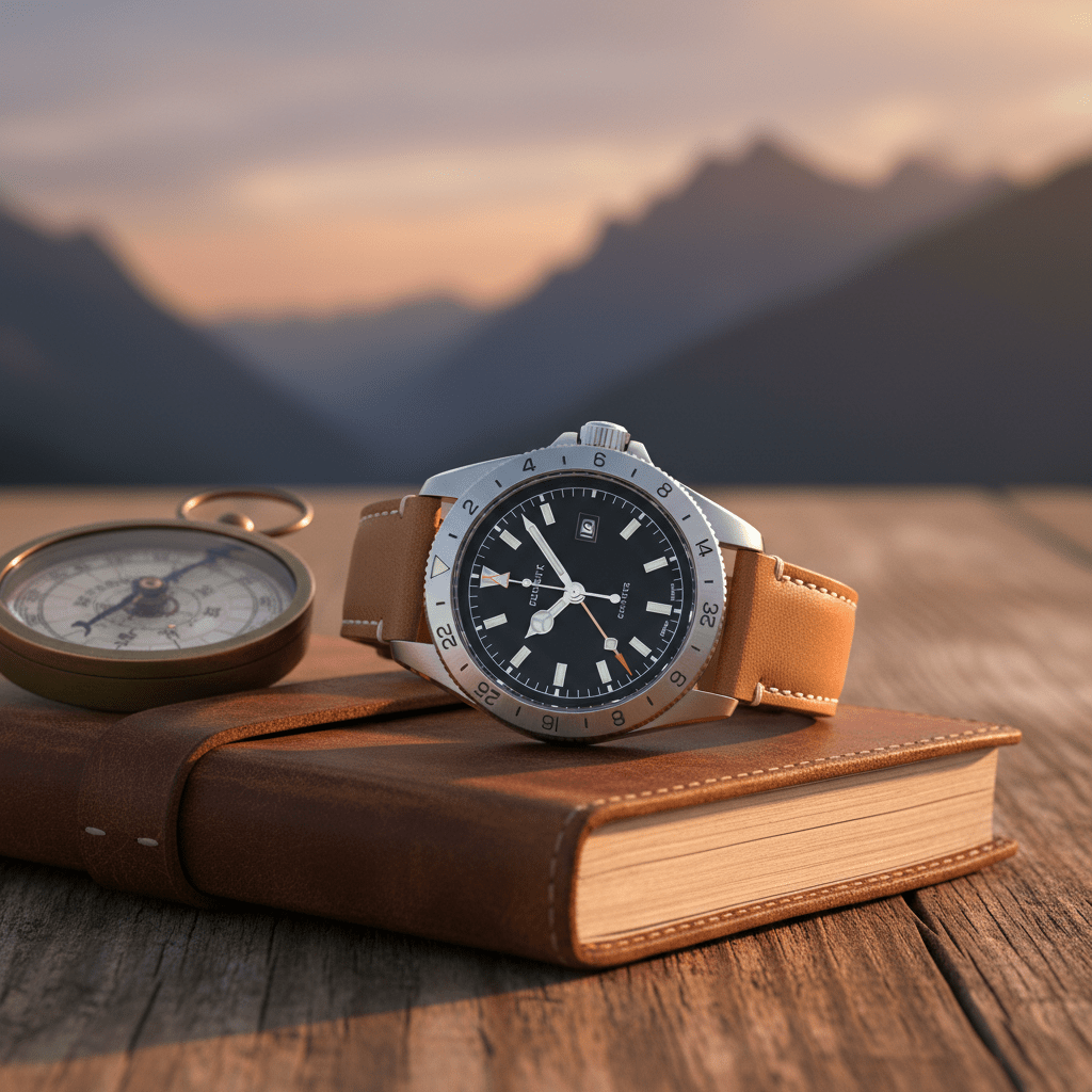 GMT wristwatch on weathered journal with vintage compass, golden hour light.