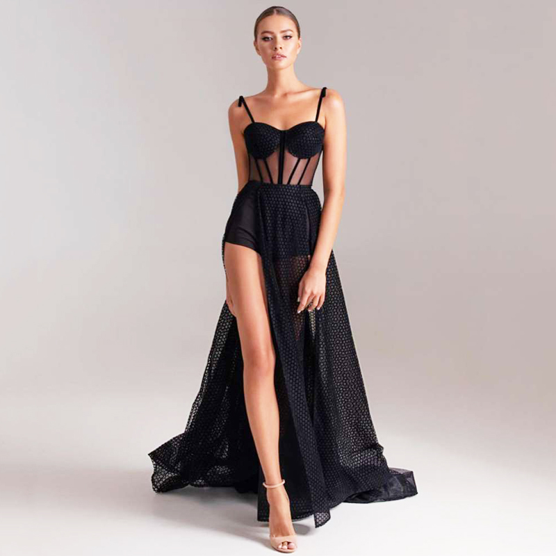Черные ажурные трапециевидные без рукавов с высоким разрезом для ночного клуба макси платья корсет топ лоскутное боди