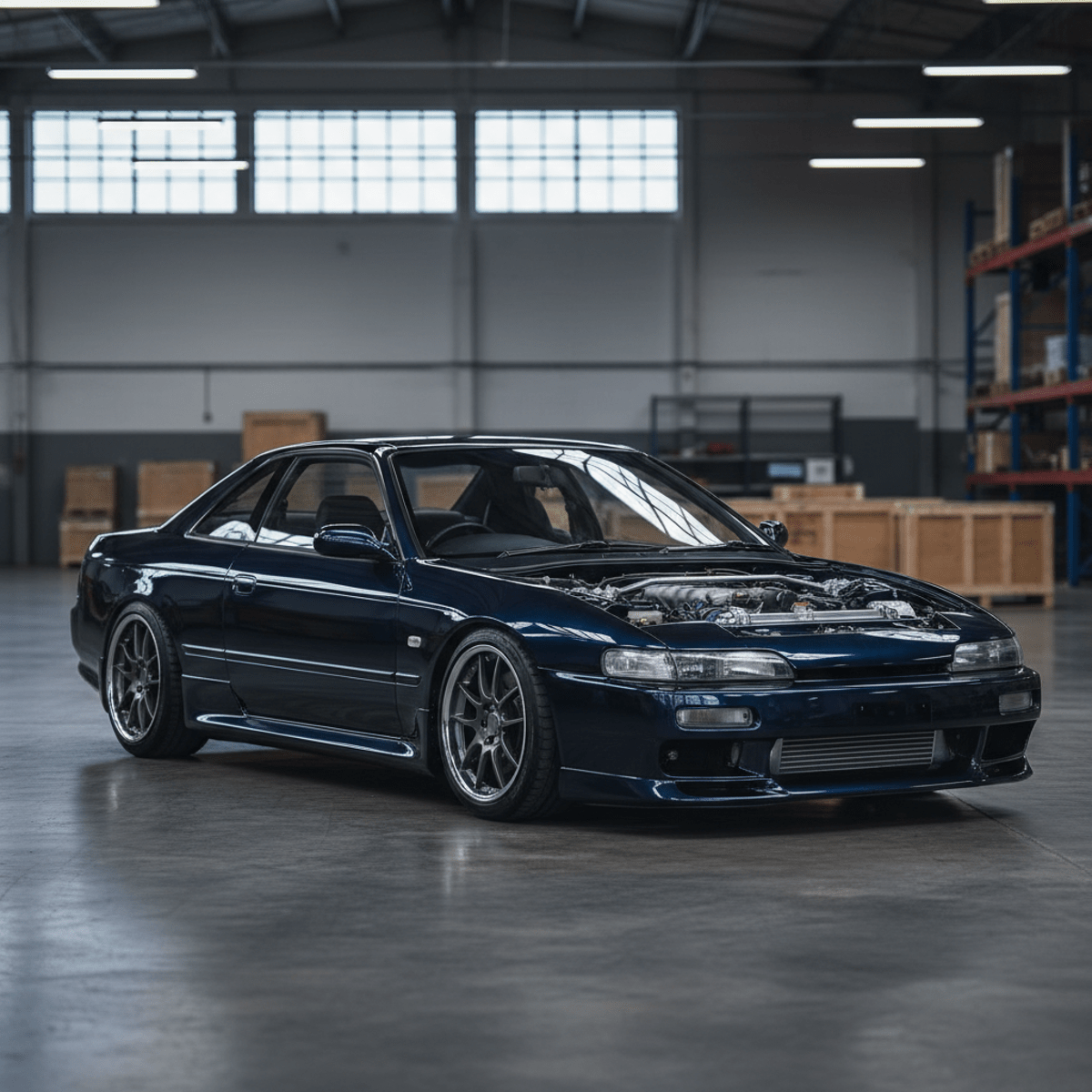 Upgraded 90s sports coupe in midnight blue with modern detailing in a warehouse.