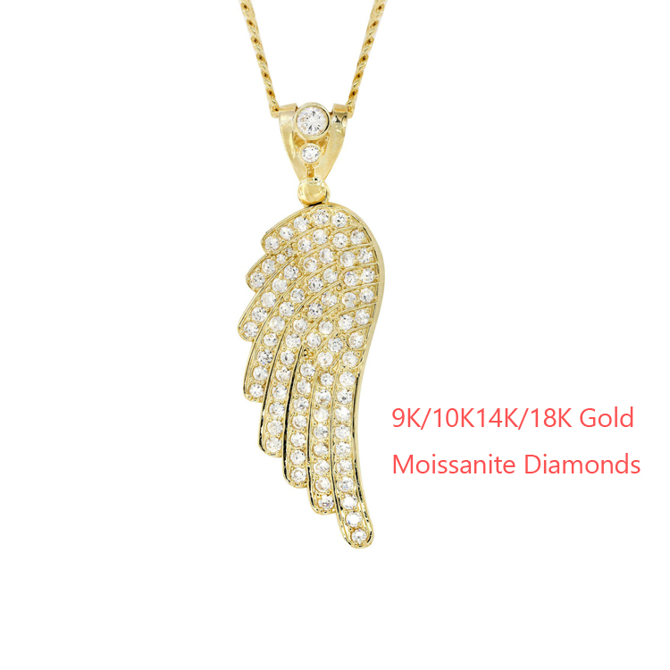 Hip Pop Jewelry Custom 10K 14K 18K Yellow Gold Cuban Chain Angel Wing Pendant for Mens Women's Necklace