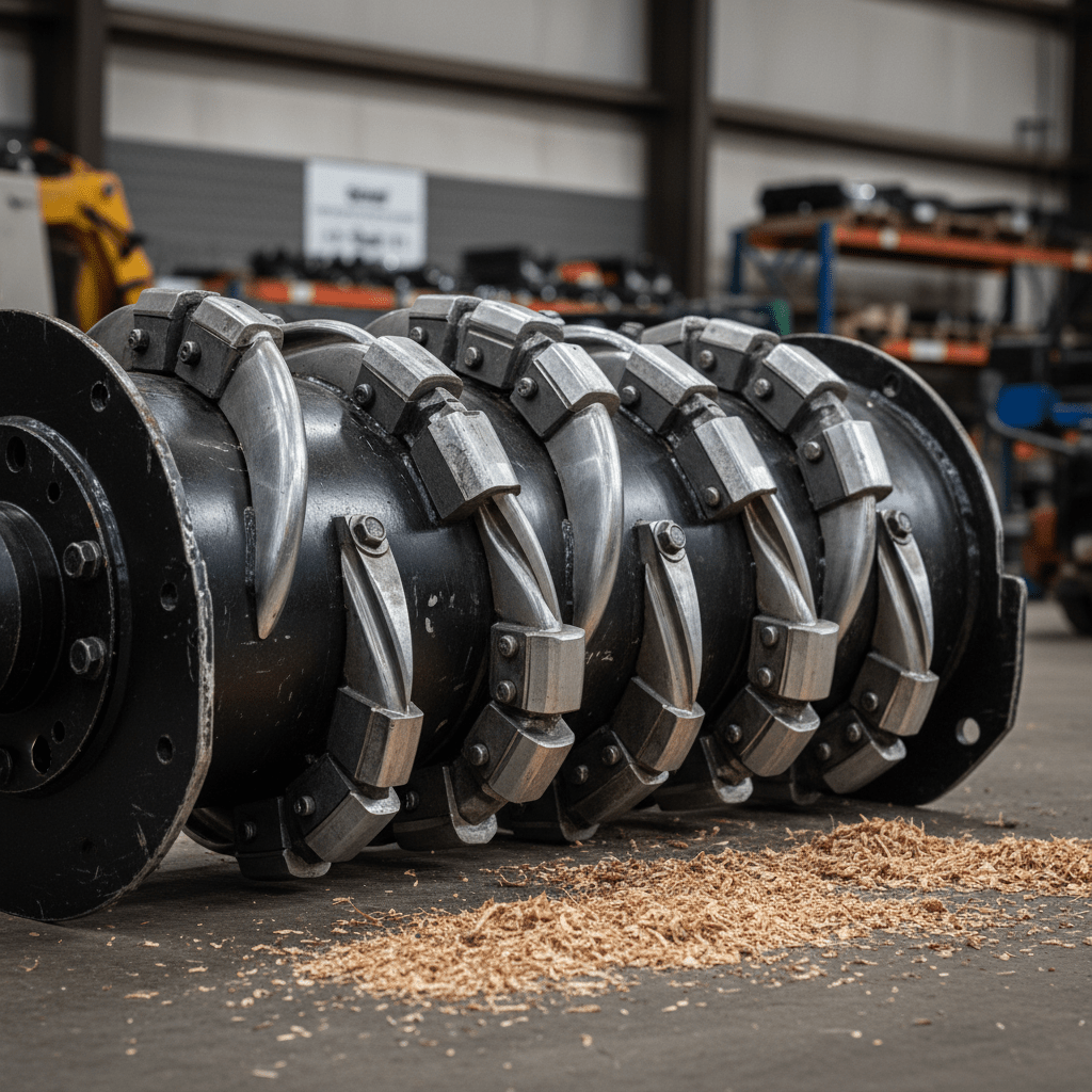Close-up of a precision-balanced mulcher rotor with curved fins and carbide teeth.