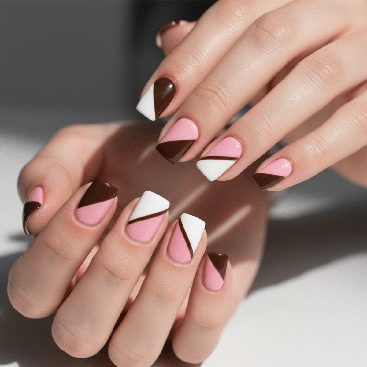 Ice cream manicure with geometric color-blocked tips in brown, pink, and white.