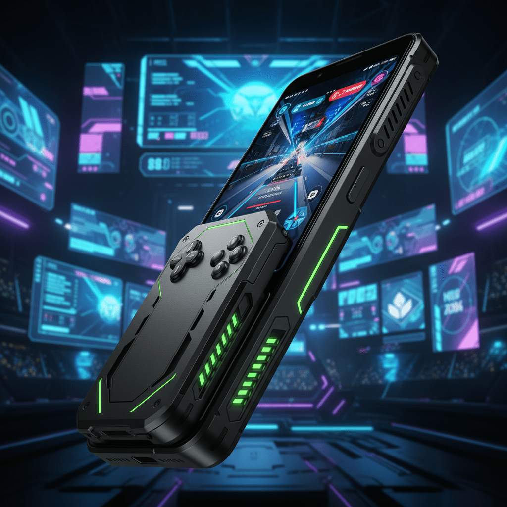 Sliding phone reveals gaming controls and cooling vents with neon green accents.