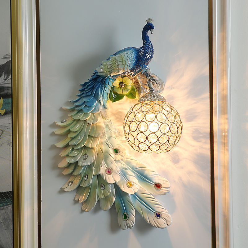 European style peacock wall lamp crystal living room aisle stairs creative wall hanging lamp simple modern bedroom bedside lamp
