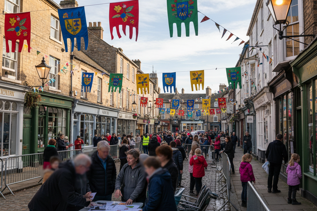 Wide-angle view of volunteers preparing a vibrant parade setup outdoors under natural lighting